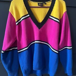Vintage 90s LIZ Oversized Colorblock V-Neck Sweater in Pink/Blue/Yellow (S/M)